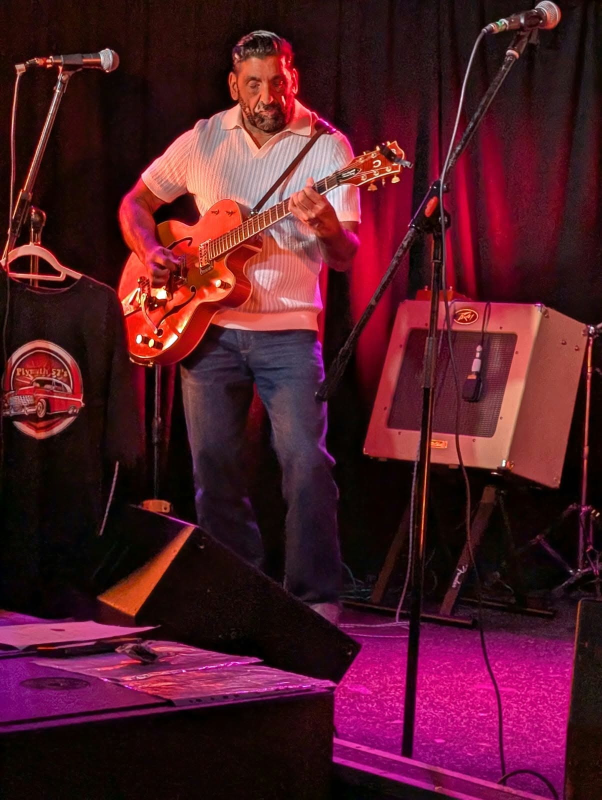A band member playing guitar under red and purple stage lights