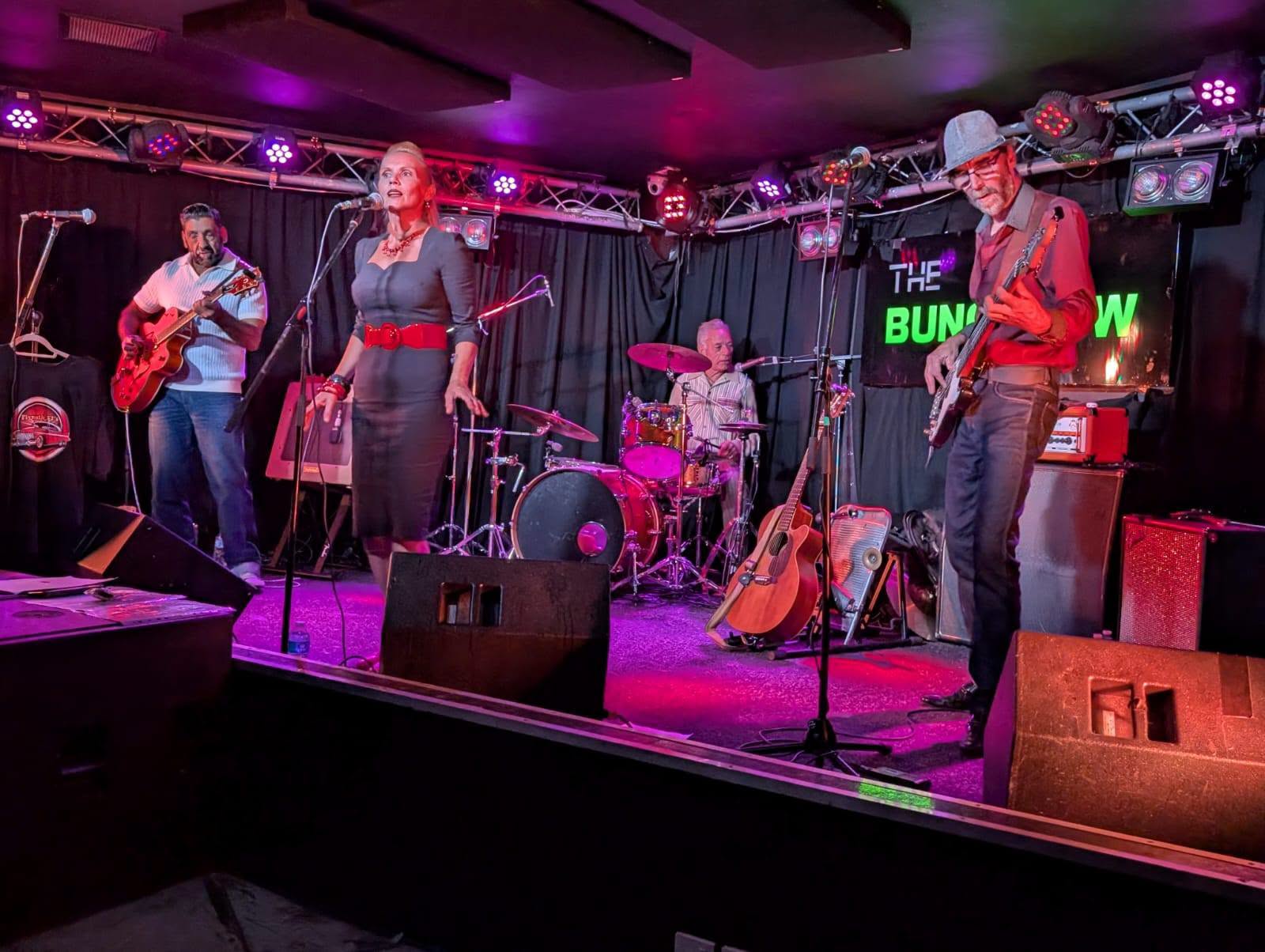 Lorna-Jane and the band performing under purple stage lights
