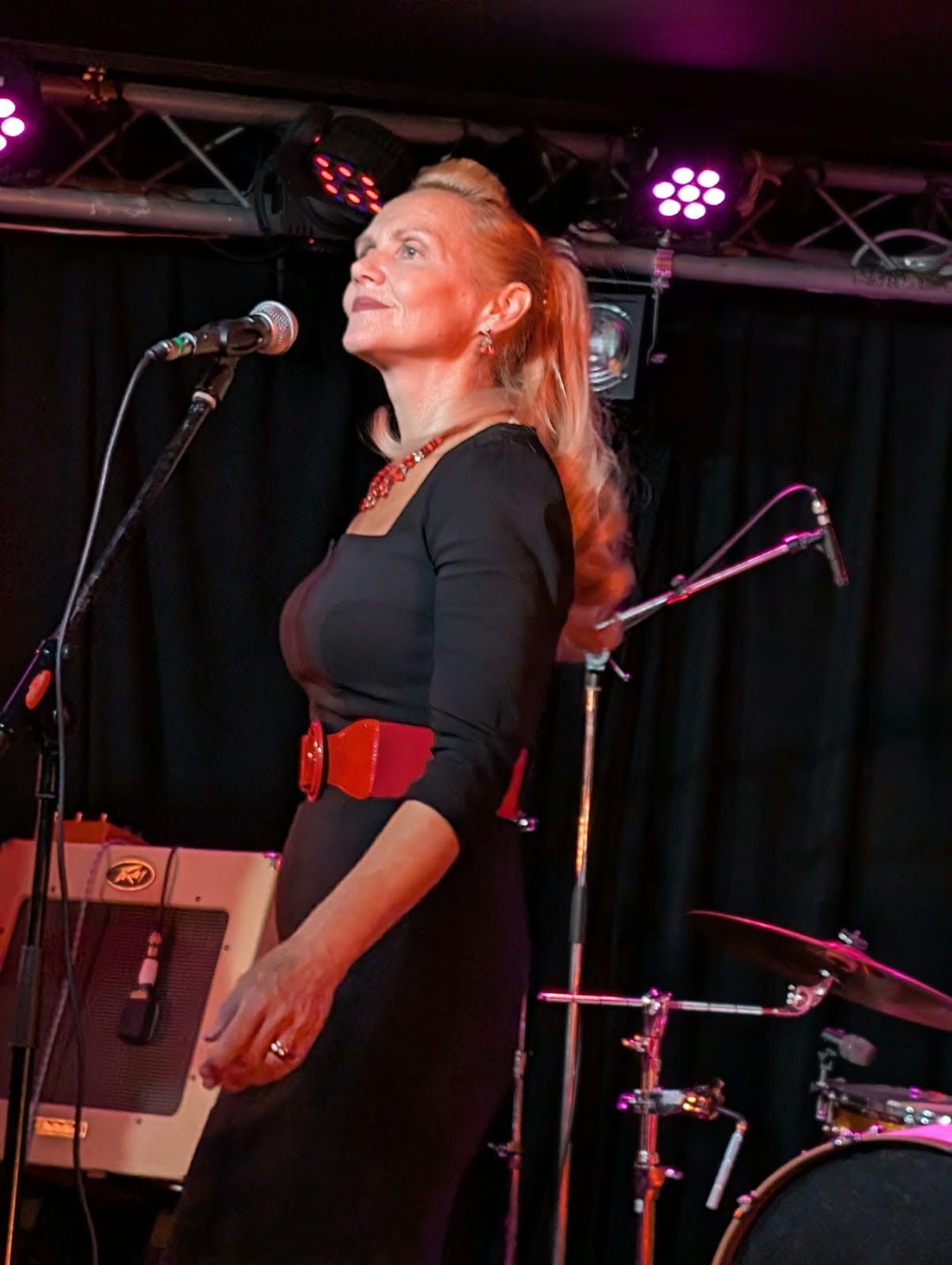 Lorna-Jane singing into a microphone under red stage lights